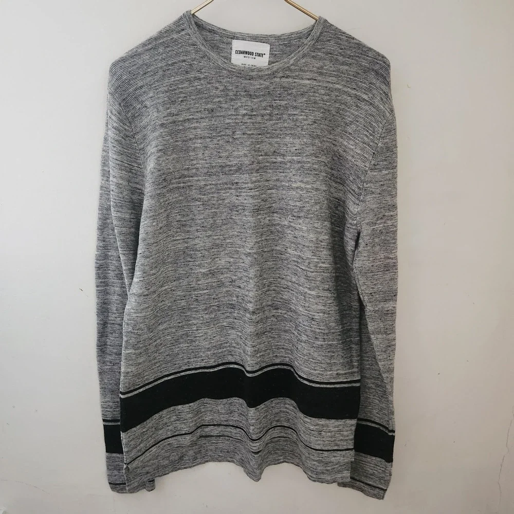 Cedarwood State Mens Gray Striped Long Sleeve Cotton Knit Sweater Medium